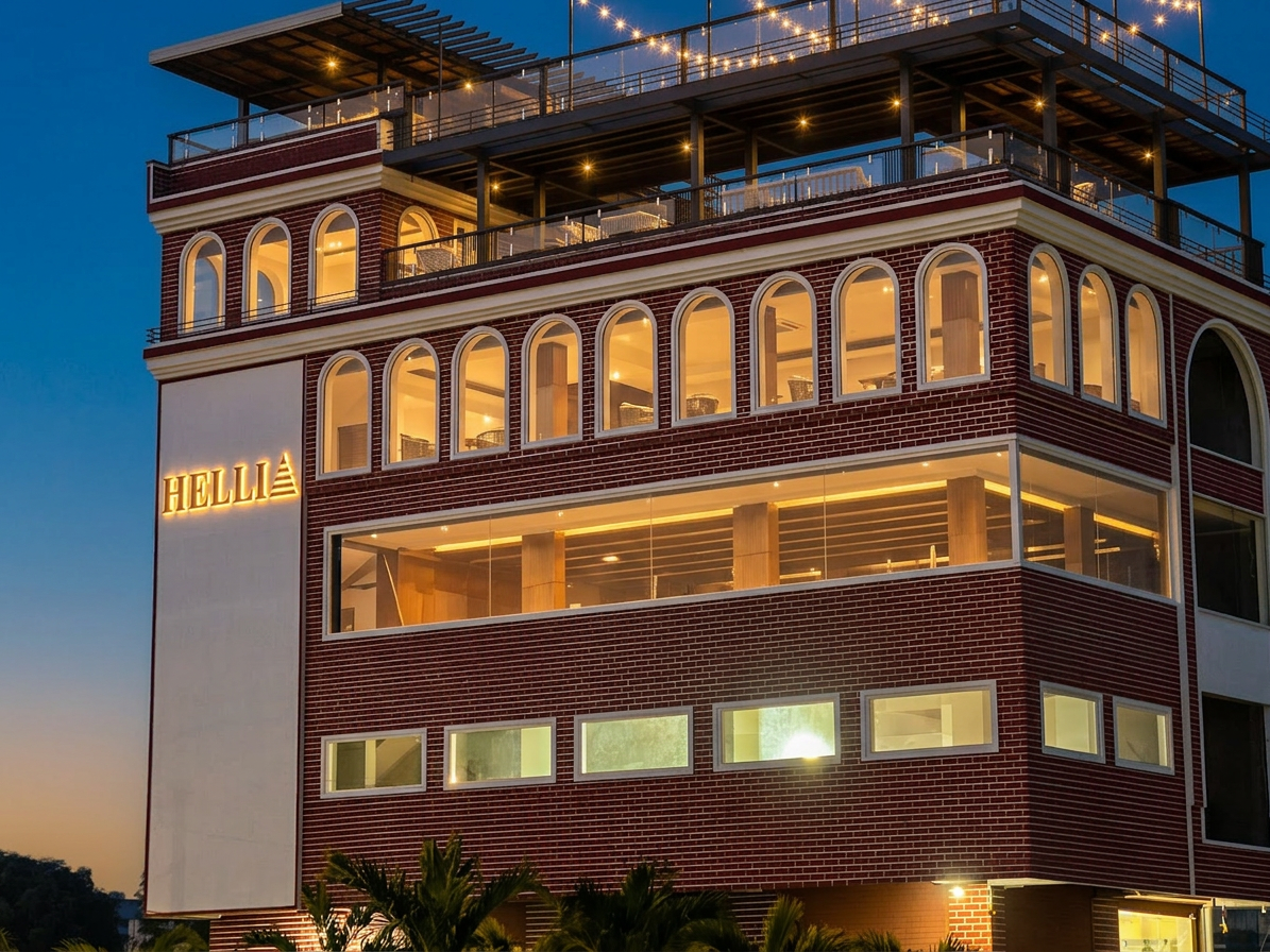 Hotel Helli exterior at golden hour